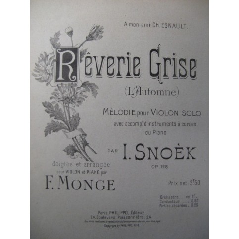 SNOEK I. Rêverie Grise Violon Piano 1913