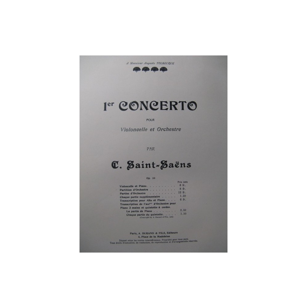 SAINT-SAËNS Camille Concerto n° 1 Violoncelle Piano 1909