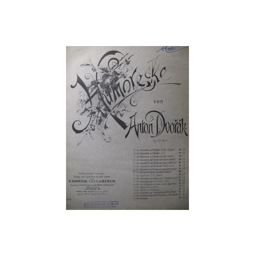 DVORAK Anton Humoreske Violoncelle Piano 1909