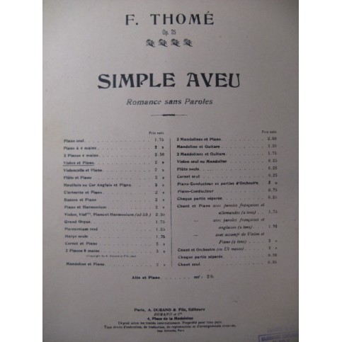 THOMÉ Francis Simple Aveu Violon Piano