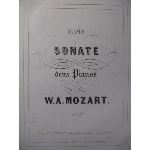 MOZART W. A. Grande Sonate 2 Pianos 4 mains 1853