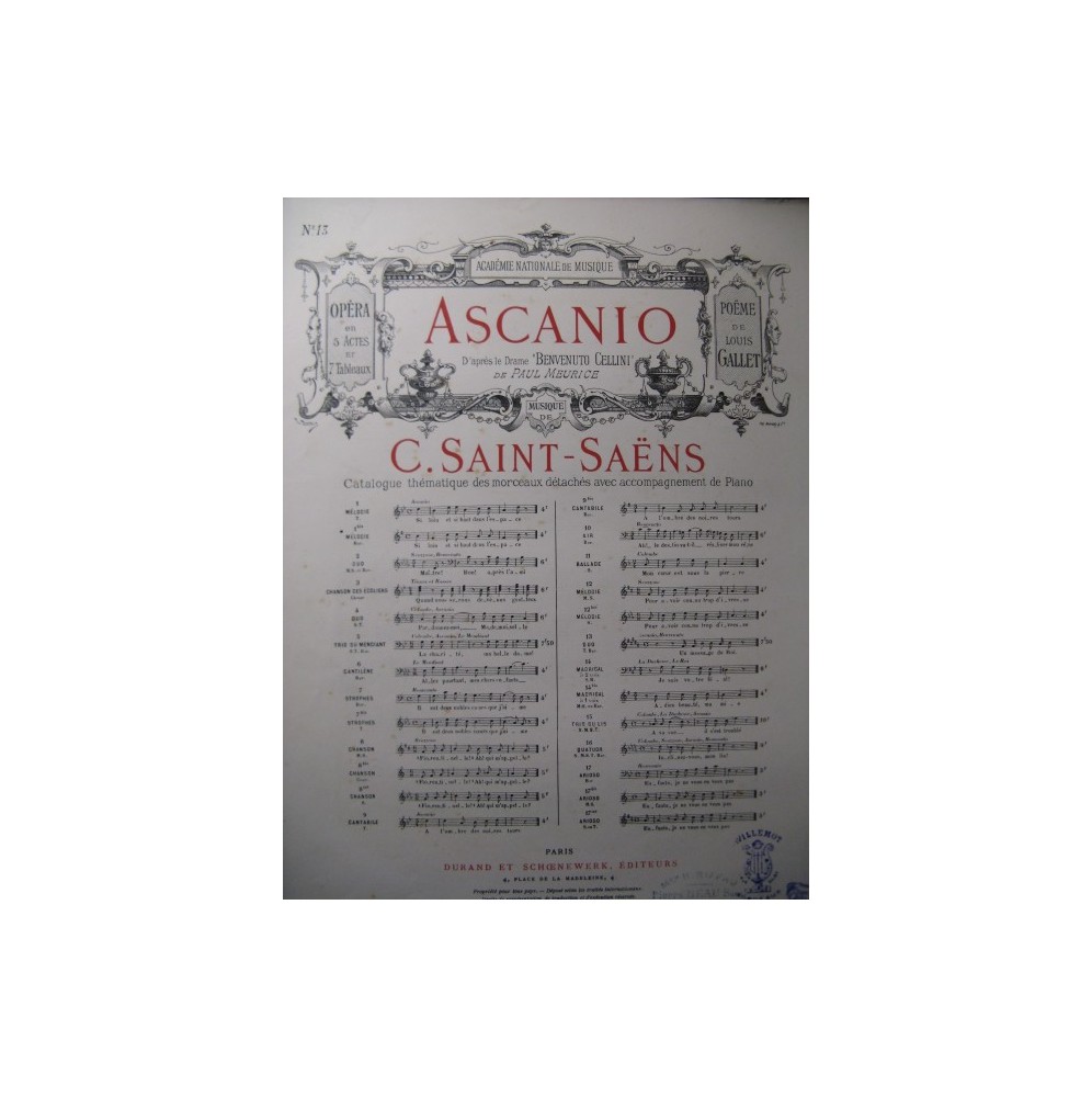 SAINT-SAËNS Camille Ascanio No 13 Chant Piano 1889