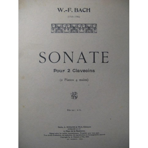 BACH W. F. Sonate Clavecin ou Piano 4 mains 1910