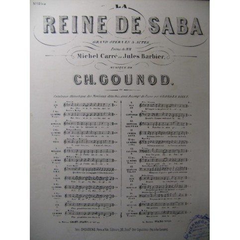 GOUNOD Charles La Reine de Saba No 12 bis Chant Piano ca1880