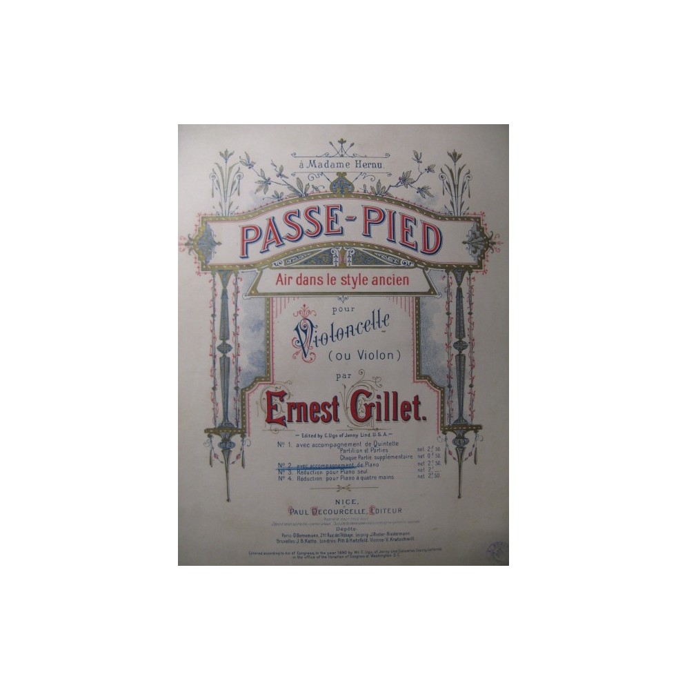 GILLET Ernest Passe-Pied Violoncelle ou Violon Piano 1890