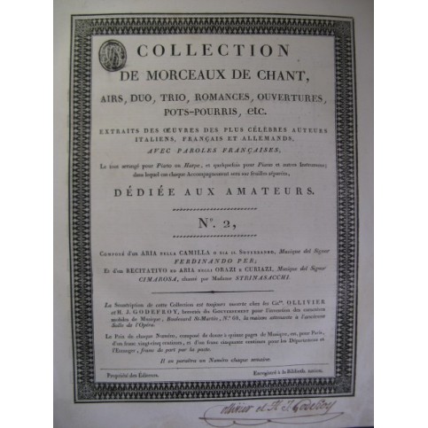 Collection de Morceaux de Chant No 2 Chant Harpe ou Piano ca1805