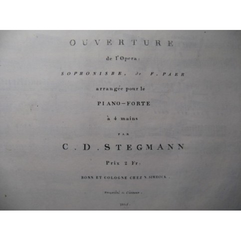 PAËR Ferdinand Sophonisbe Ouverture Piano 4 mains ca1820