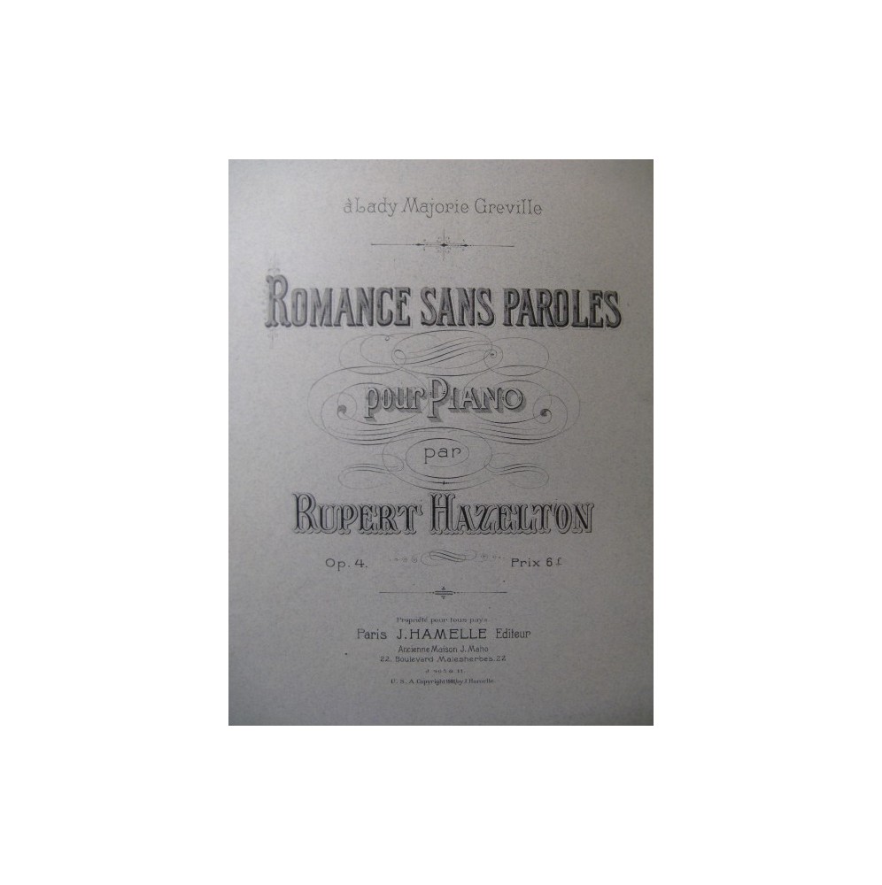 HAZELTON Rupert Romance sans paroles Piano 1901