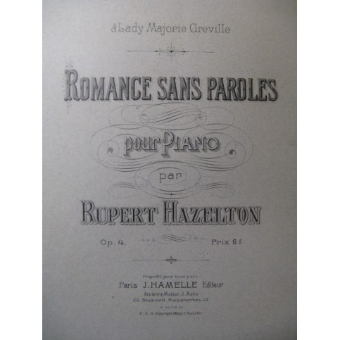 HAZELTON Rupert Romance sans paroles Piano 1901