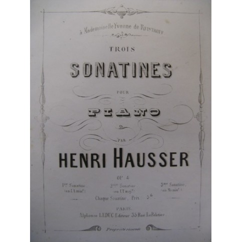 HAUSSER Henri Sonatine No 3 Piano 1872