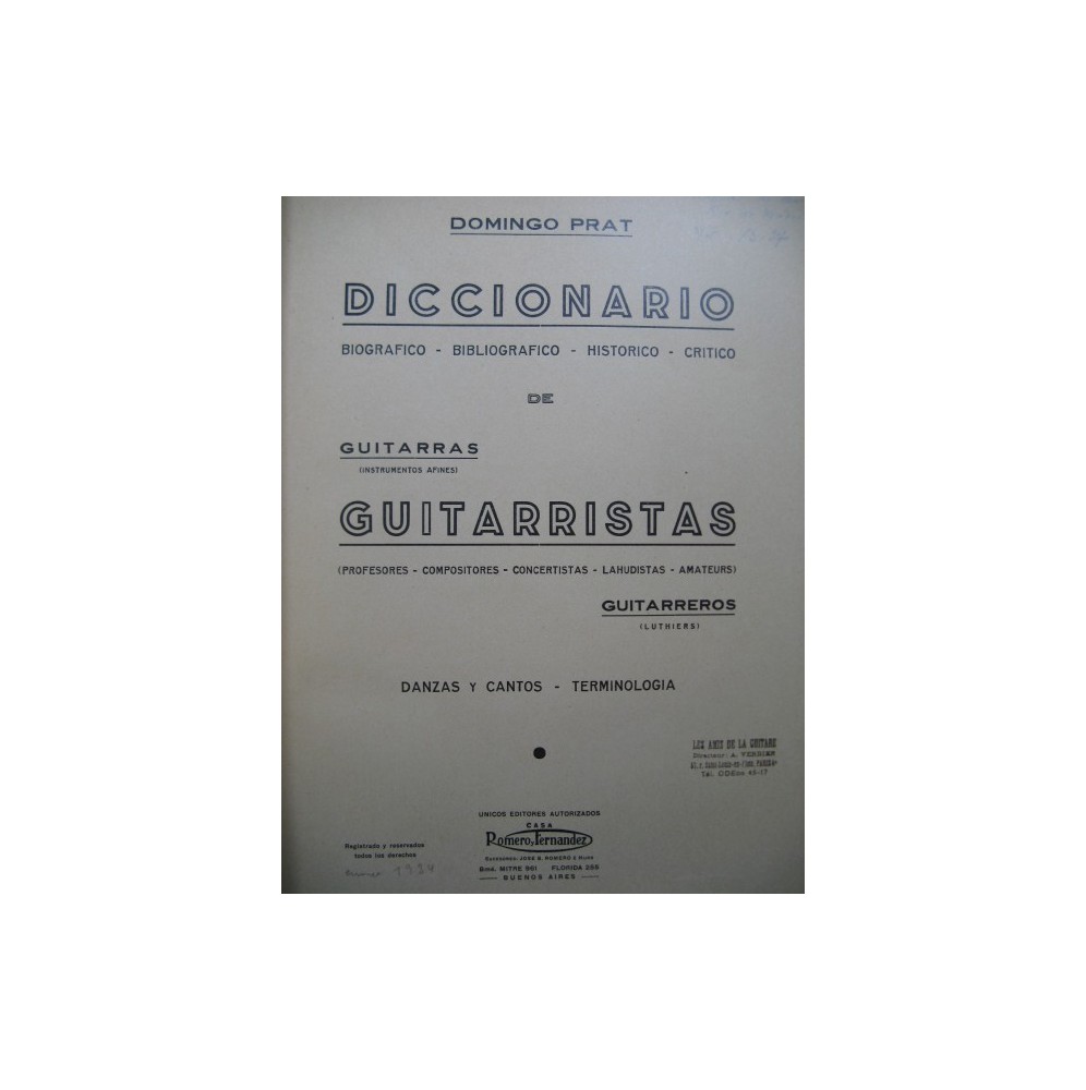 PRAT Domingo Diccionario de Guitarristas Dédicace 1934