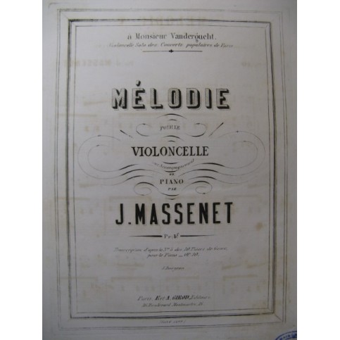 MASSENET Jules Mélodie Piano Violoncelle 1870