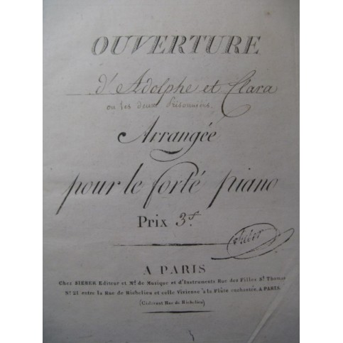 DALAYRAC Nicolas Adolphe et Clara Ouverture Piano 1799