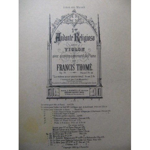 THOMÉ Francis Andante Religioso Violon Piano 1899