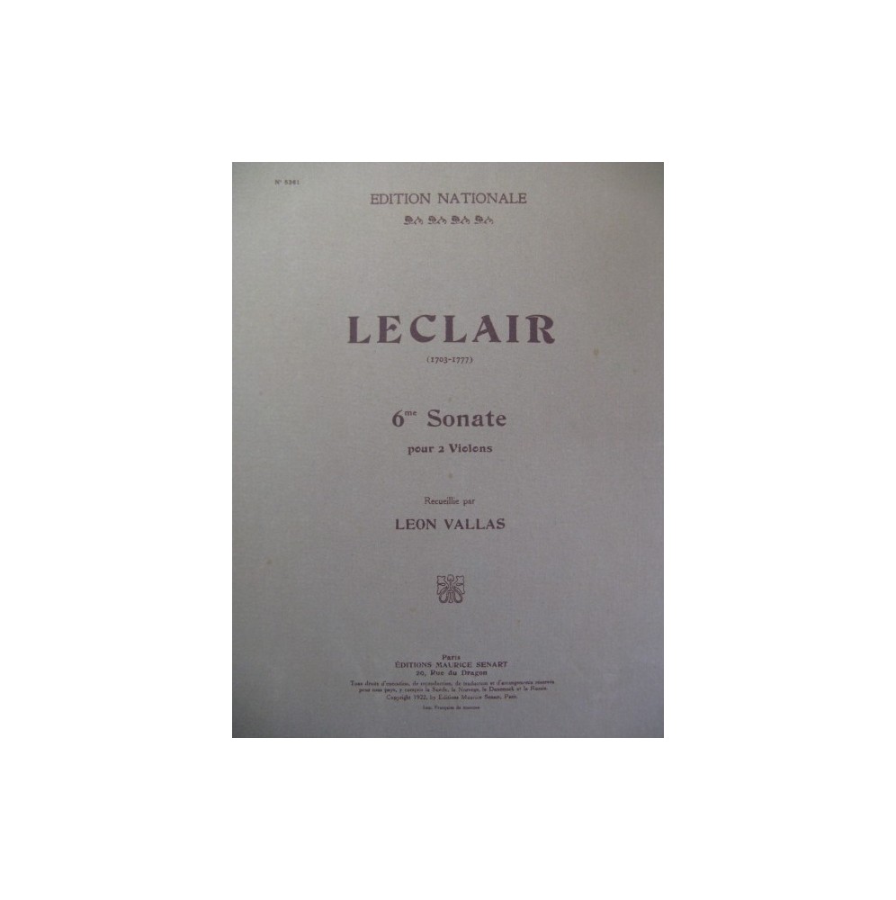 LECLAIR Jean-Marie Sonate No 6 pour 2 Violons 1922