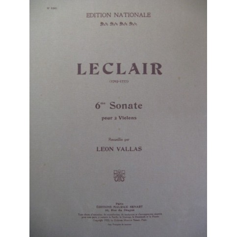 LECLAIR Jean-Marie Sonate No 6 pour 2 Violons 1922