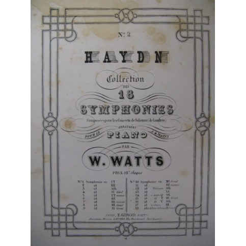 HAYDN Joseph Symphonie n° 2 Piano 4 mains ca1860