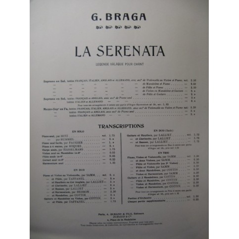 BRAGA G. La Serenata Piano Violon ou Violoncelle
