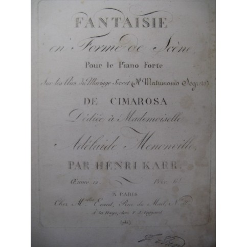 KARR Henri Fantaisie sur Mariage Secret Cimarosa Piano ca1810