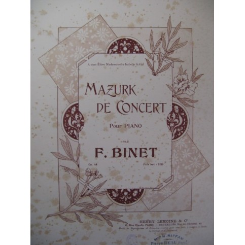 BINET Frédéric Mazurk de Concert op 48 Piano ca1903