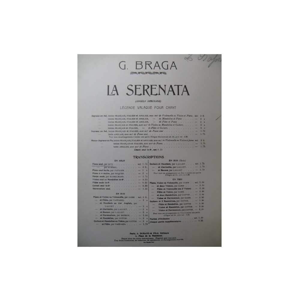 BRAGA G. La Serenata Guitare Mandoline ca1894