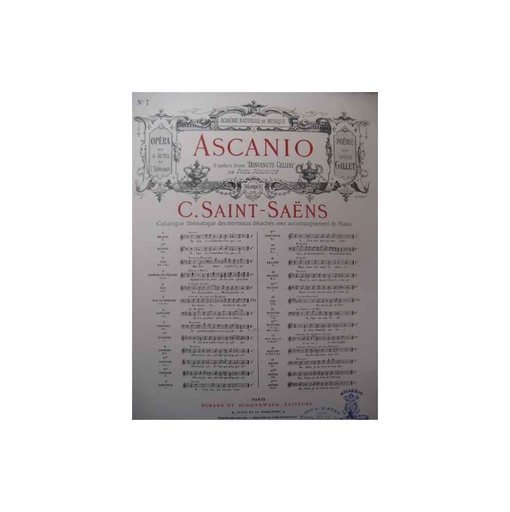 SAINT-SAËNS Camille Ascanio No 7 Chant Piano 1889