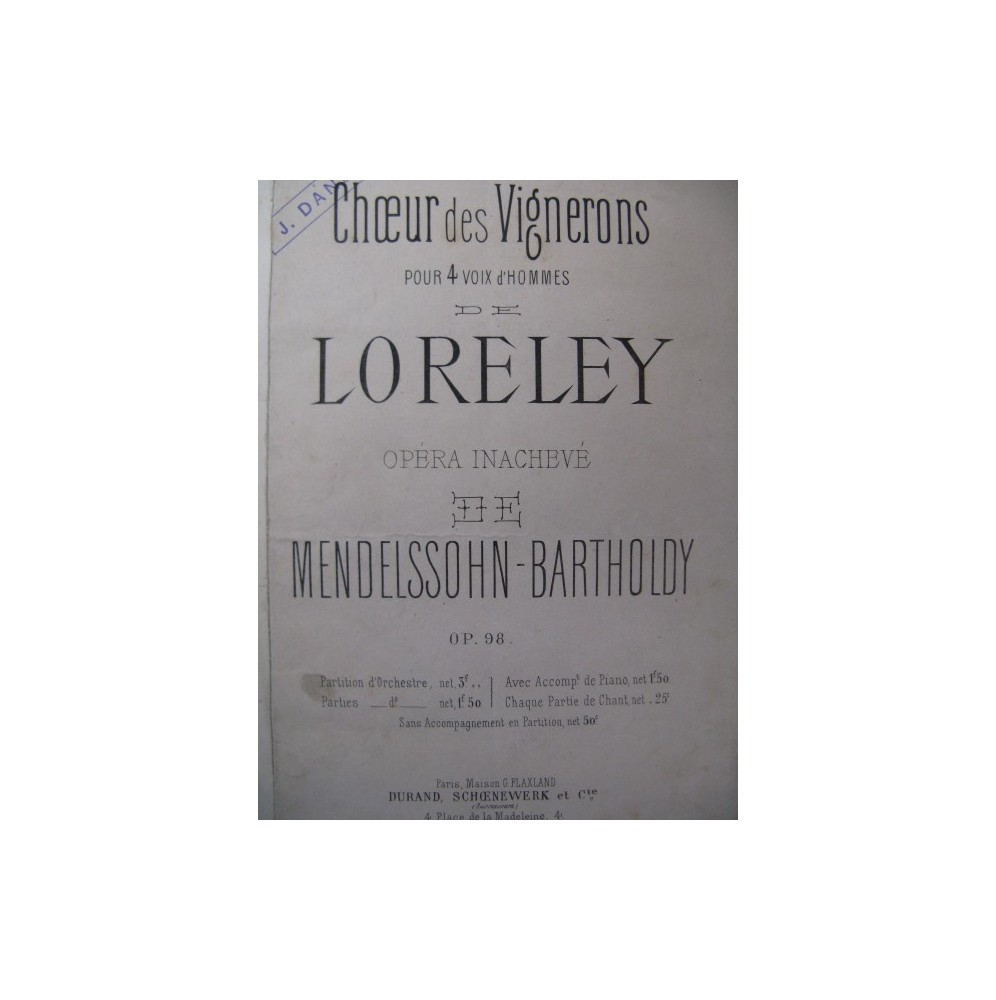 MENDELSSOHN Choeur des Vignerons de Lorely Chant Piano Orchestre ca1870