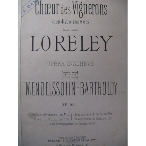 MENDELSSOHN Choeur des Vignerons de Lorely Chant Piano Orchestre ca1870