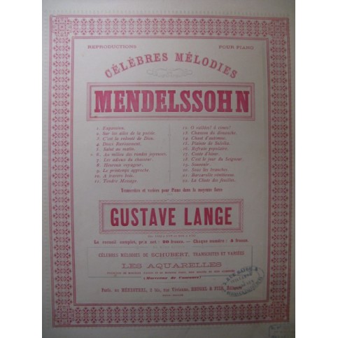 LANGE Gustave Les Adieux du Chasseur Mendelssohn Piano ca1878