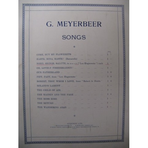MEYERBEER Giacomo Nobil Signor Salute Chant Piano ca1912