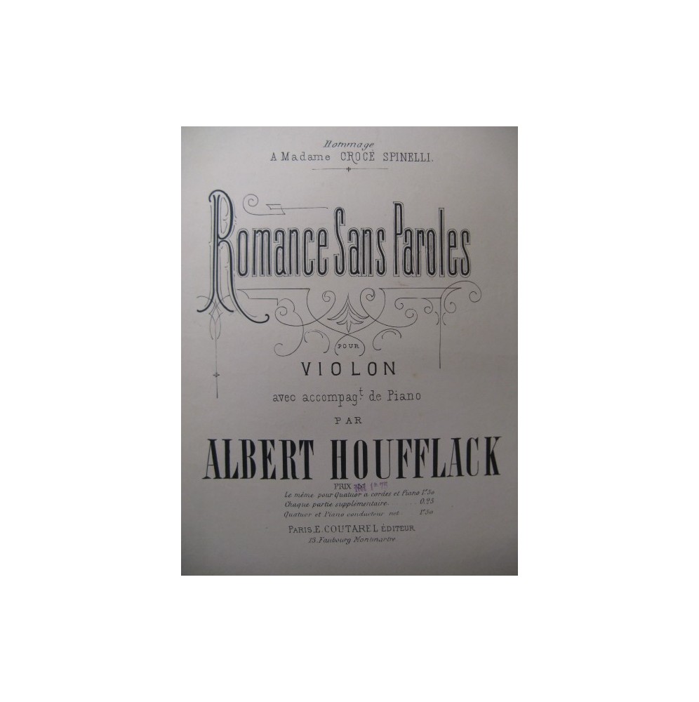 HOUFFLACK Albert Romance sans Paroles Violon Piano XIXe