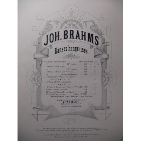 BRAHMS Johannes Danses Hongroises I Piano 4 mains XIXe
