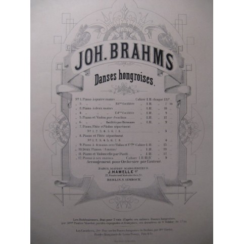 BRAHMS Johannes Danses Hongroises II Piano 4 mains XIXe