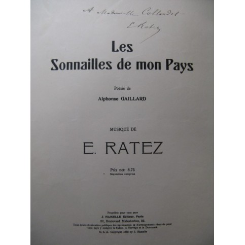 RATEZ Emile Pierre Les Sonailles de mon Pays Chant Piano Dédicace 1932
