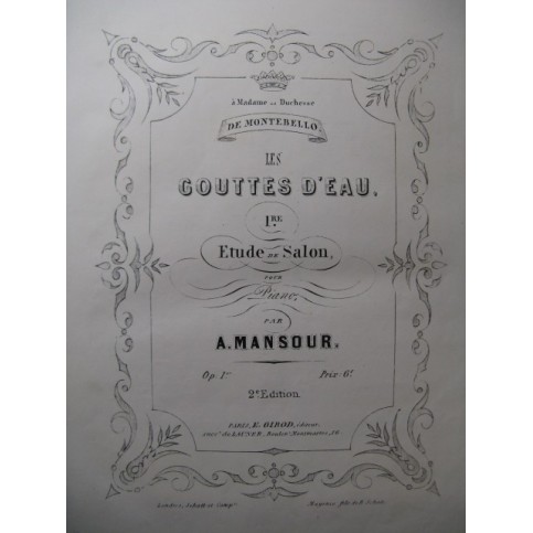 MANSOUR A. Les Gouttes d'Eau Piano ca1857