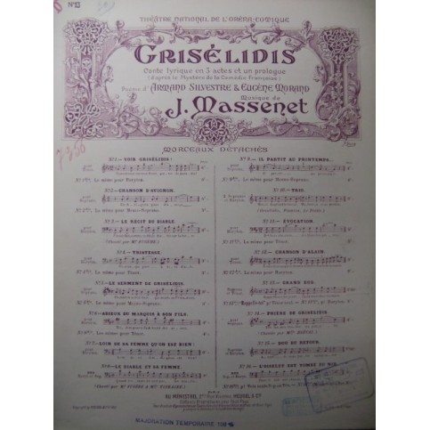 MASSENET Jules Grisélidis No 13 Grand Duo Chant Piano 1901