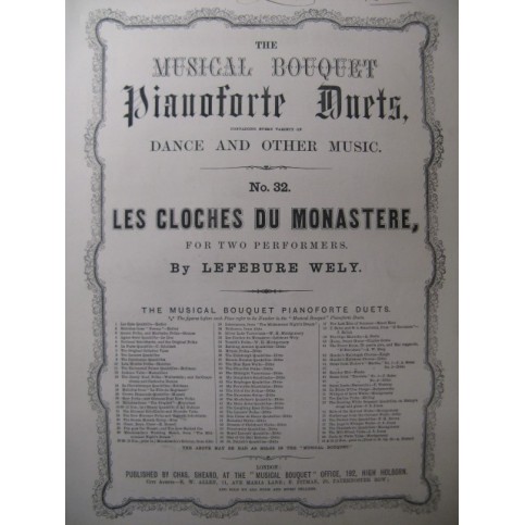 LEFÉBURE-WÉLY Les Cloches du Monastère Piano 4 mains XIXe