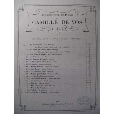 DE VOS Camille La Marseillaise Piano ca1870