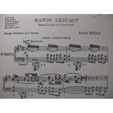 PUCCINI Giacomo Manon Lescaut Fantaisie Orchestre 1906