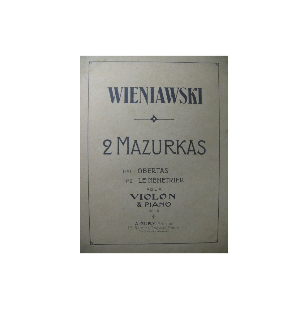 WIENIAWSKI Henri 2 Mazurkas op 19 Piano Violon
