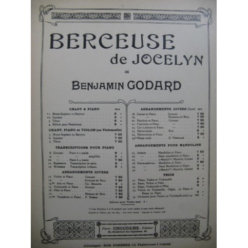 GODARD Benjamin Berceuse de Jocelyn Piano Violon ca1894