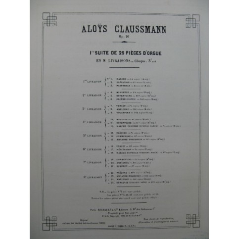 CLAUSSMANN Aloÿs Suite No 1.8 4 Pièces pour Orgue 1895