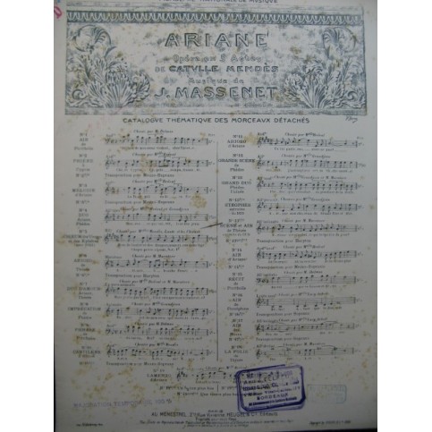 MASSENET Jules Ariane Scène et Air Chant Piano 1906