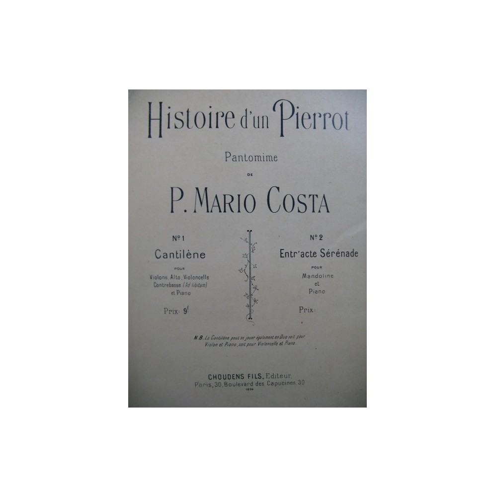 COSTA Mario Histoire d'un Pierrot Piano Violon Alto Violoncelle 1894