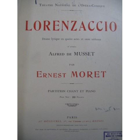 MORET Ernest Lorenzaccio Opéra Chant Piano Dédicace 1920