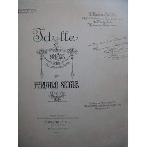 SEIGLE Fernand Idylle Orchestre Dédicace 1905