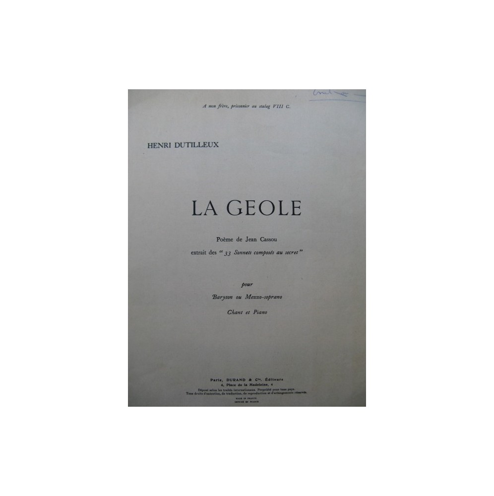 DUTILLEUX Henri La Geole Chant Piano 1946