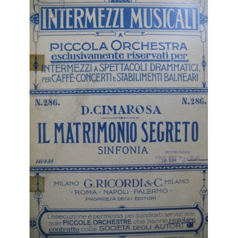 CIMAROSA Domenico Il Matrimonio Segreto Sinfonia Orchestre ca1905