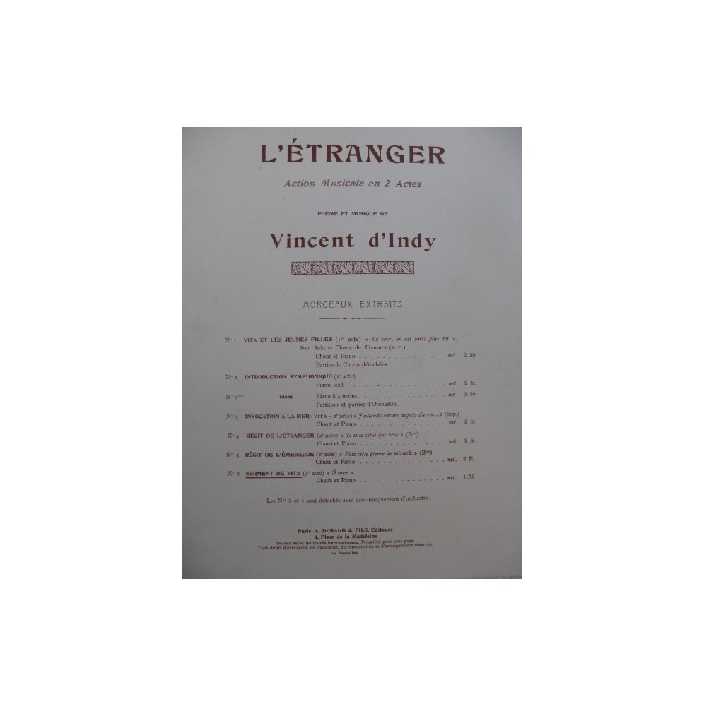 D'INDY Vincent L'étranger Serment de Vita Chant Piano