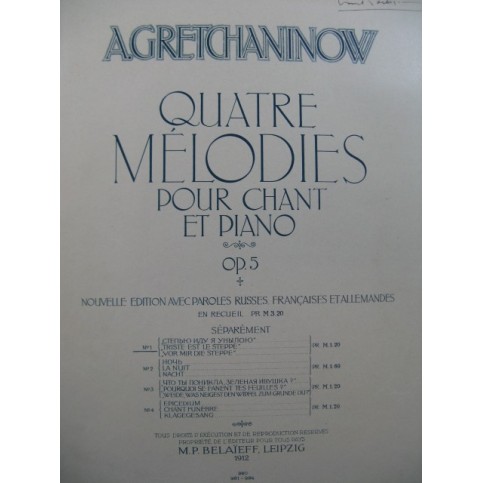 GRETCHANINOV Alexandre Triste est le Steppe Chant Piano 1912